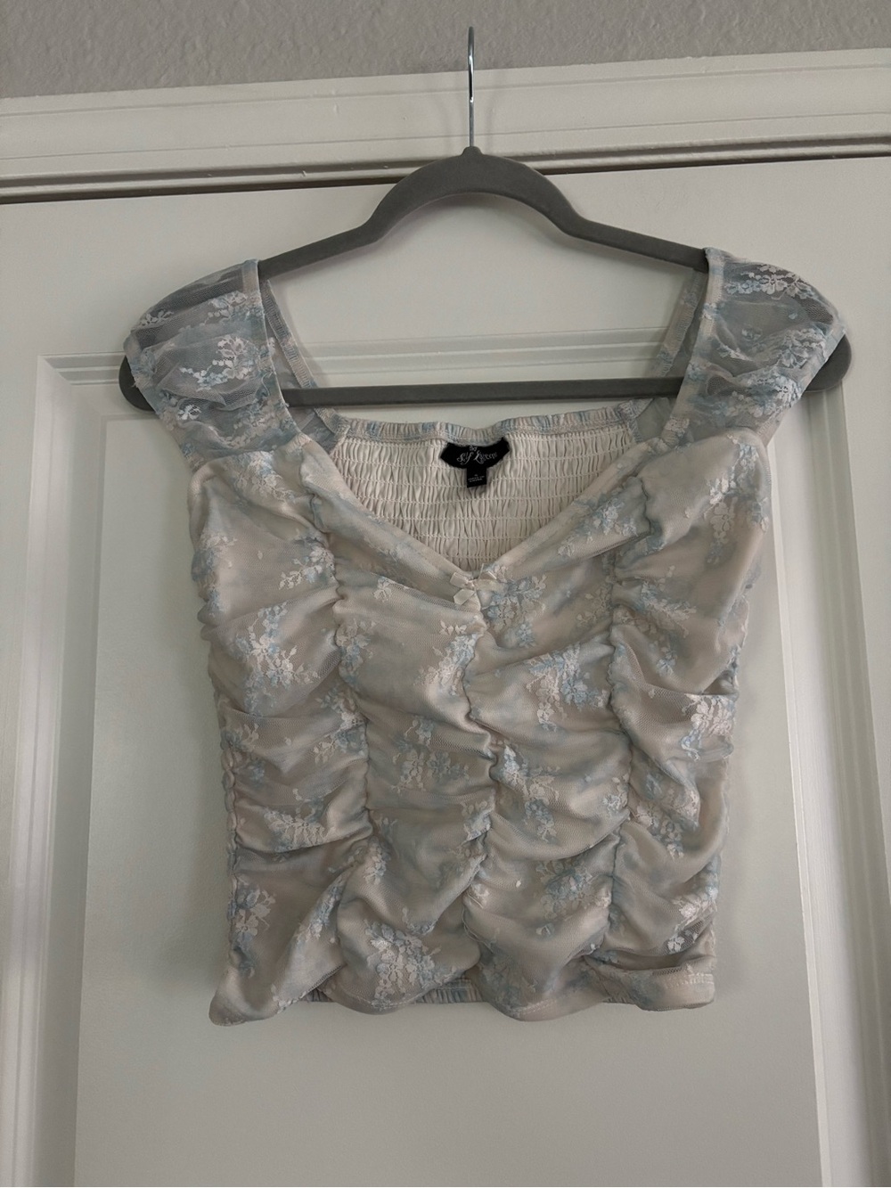 Self Esteem Y2K Ruched Floral Mesh Crop Top Pale Blue Details Size Small